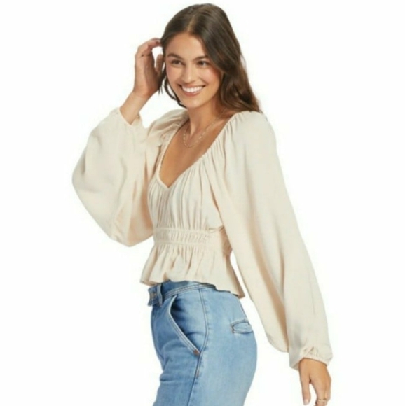 ROXY Cool Winds Smocked Bodice Long Sleeve Top Tapioca Size Medium - Picture 1 of 7
